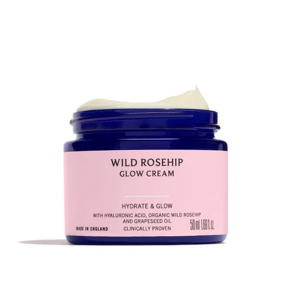 Jar of Wild Rosehip Glow Cream with pink label on a white background
