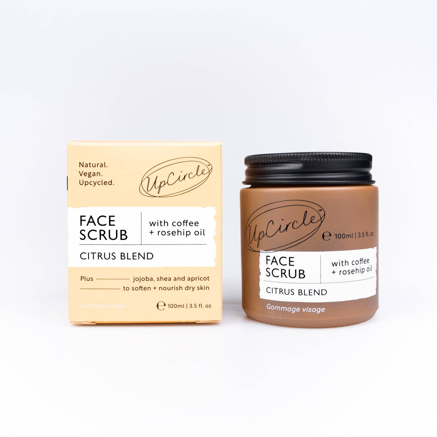 UpCircle Face Scrub packaging with jar and box on a white background