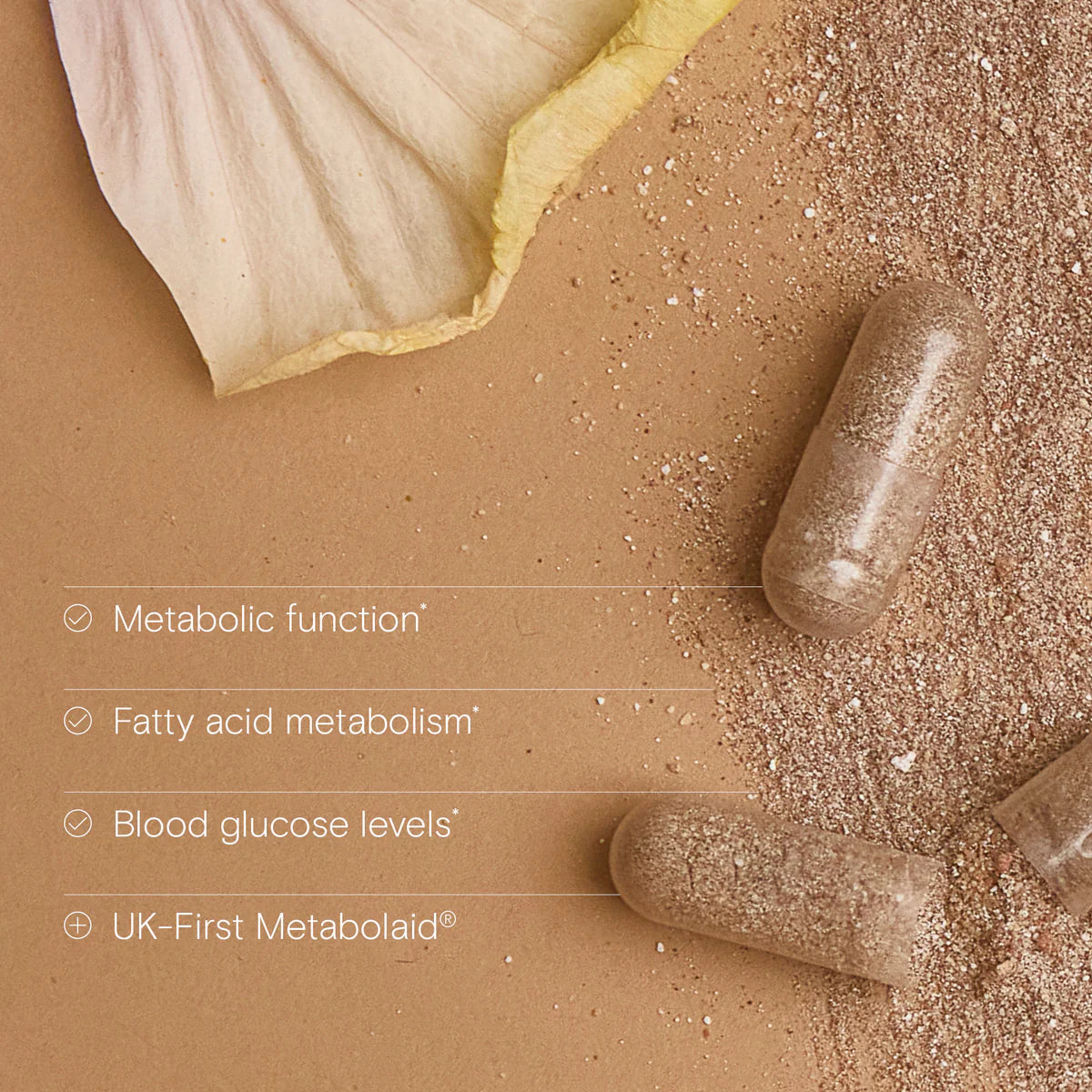 Two capsules on a brown surface with text about metabolic function and fatty acid metabolism.