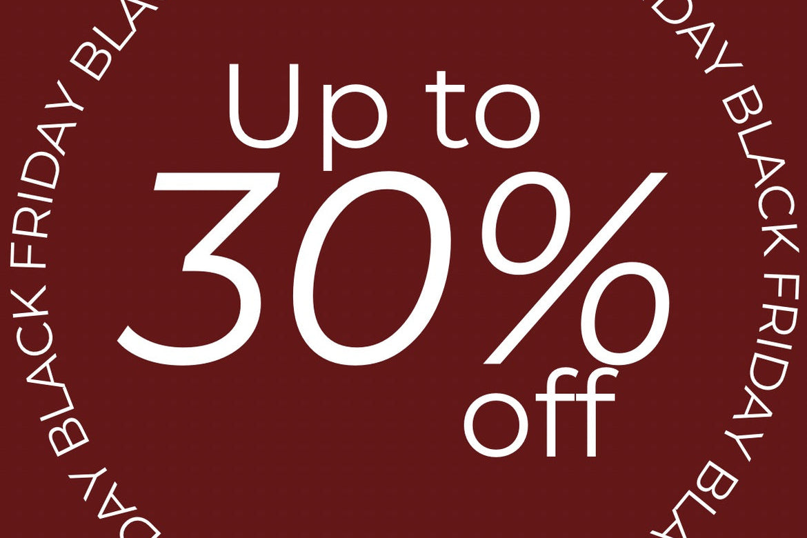 Black Friday sale advertisement with 'Up to 30% off' text on a red background.
