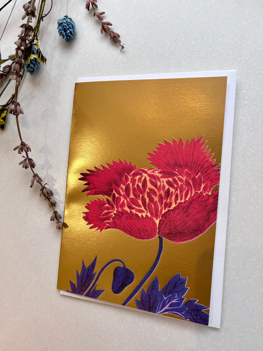 Large Card - Red Blossom on Metallic Gold