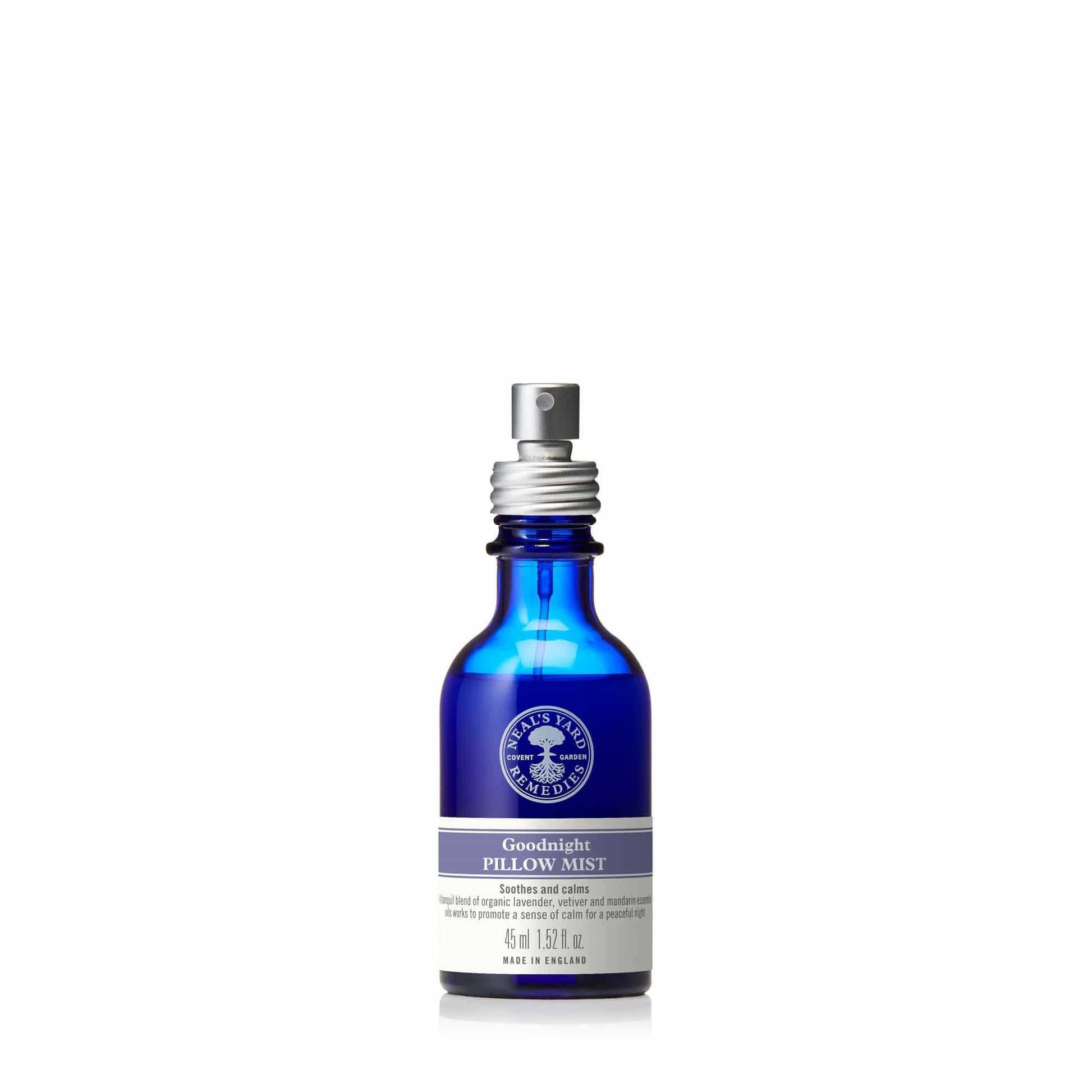 A blue bottle with a spray top. purple label.  pillow mist 