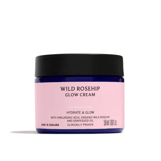 Jar of Wild Rosehip Glow Cream with pink label on white background