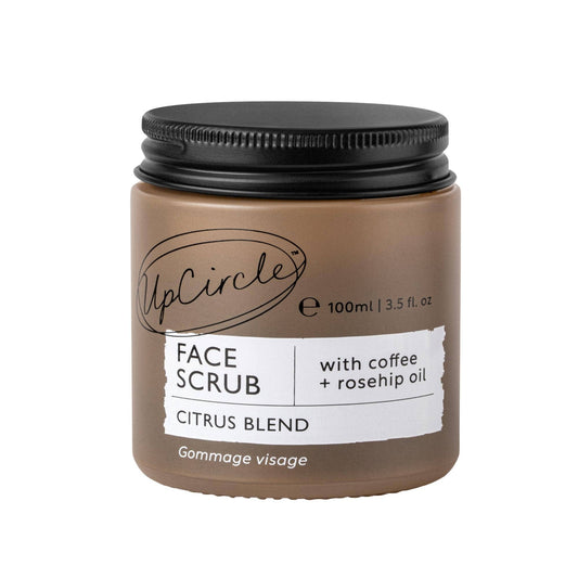 Jar of UpCircle Face Scrub with coffee and rosehip oil on a white background