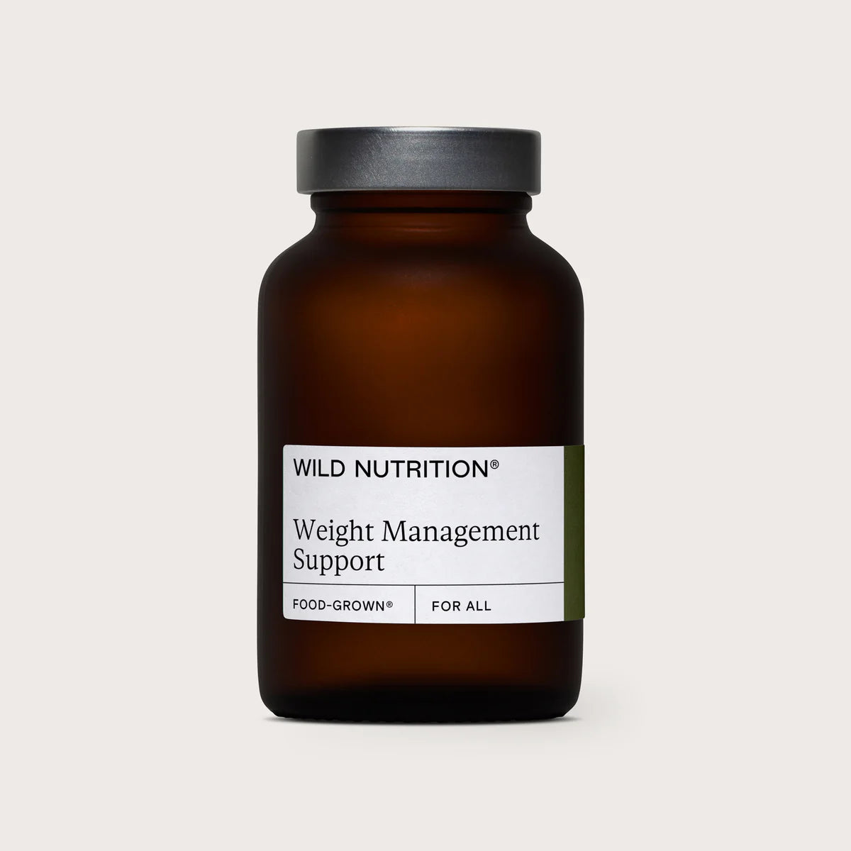 Amber supplement bottle labeled 'Wild Nutrition Weight Management Support' on a white background