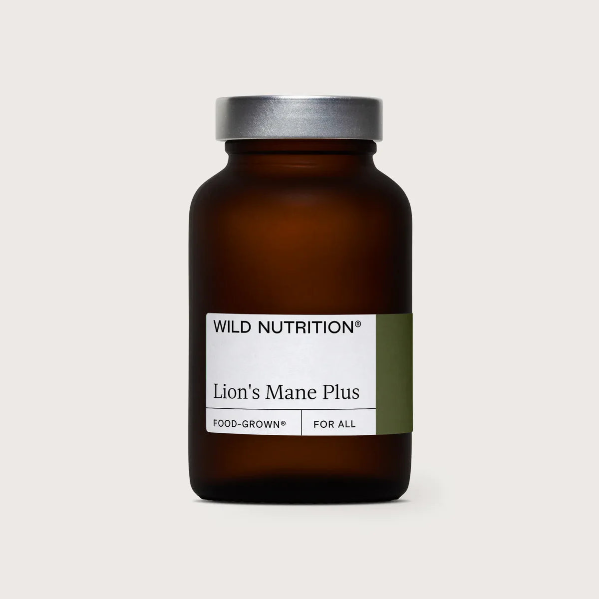 Amber supplement bottle labeled 'Wild Nutrition Lion's Mane Plus' on a white background