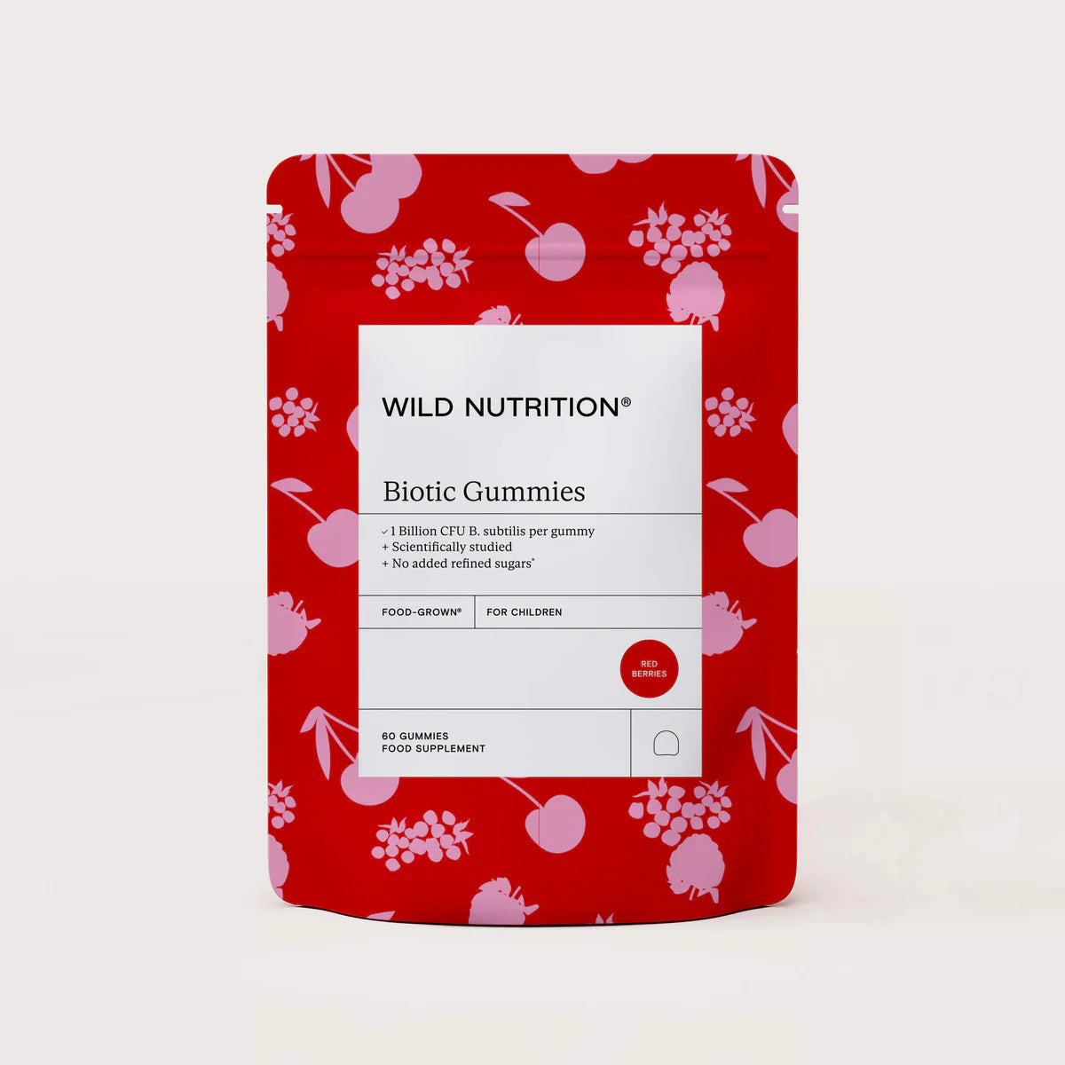 Red package of Wild Nutrition Biotic Gummies with cherry design on a white background