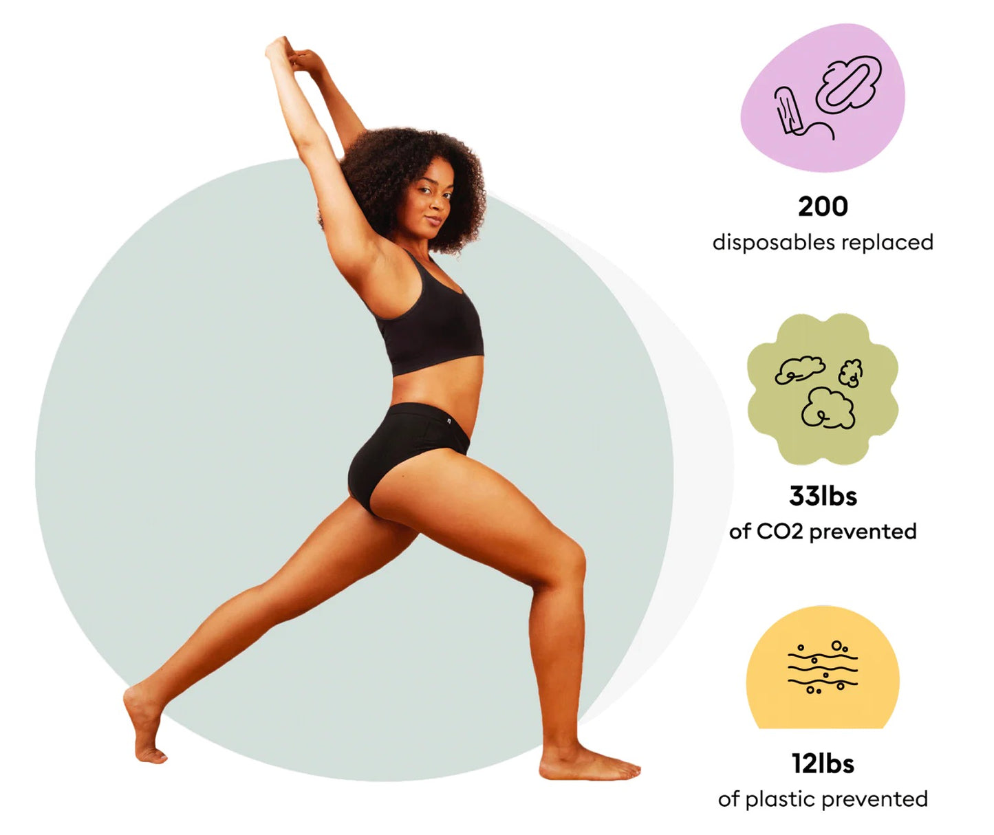 Woman in black athletic wear performing a yoga pose with environmental impact graphics and text.