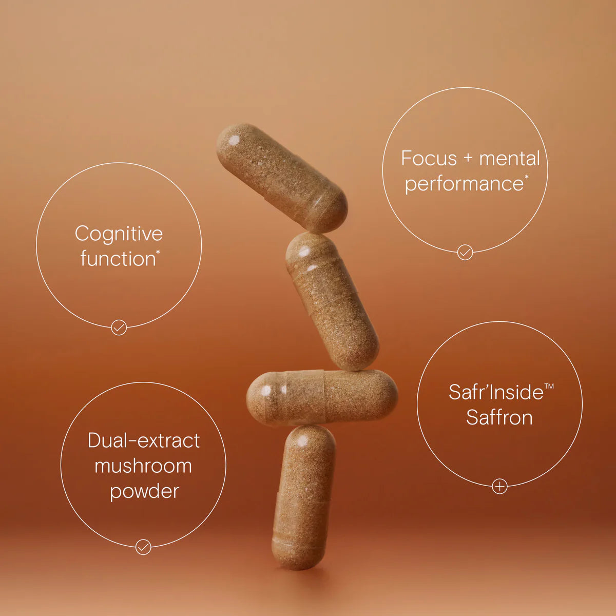 Three brown capsules stacked on a gradient brown background with text about cognitive function, dual-extract mushroom powder, and Safr'Inside Saffron.