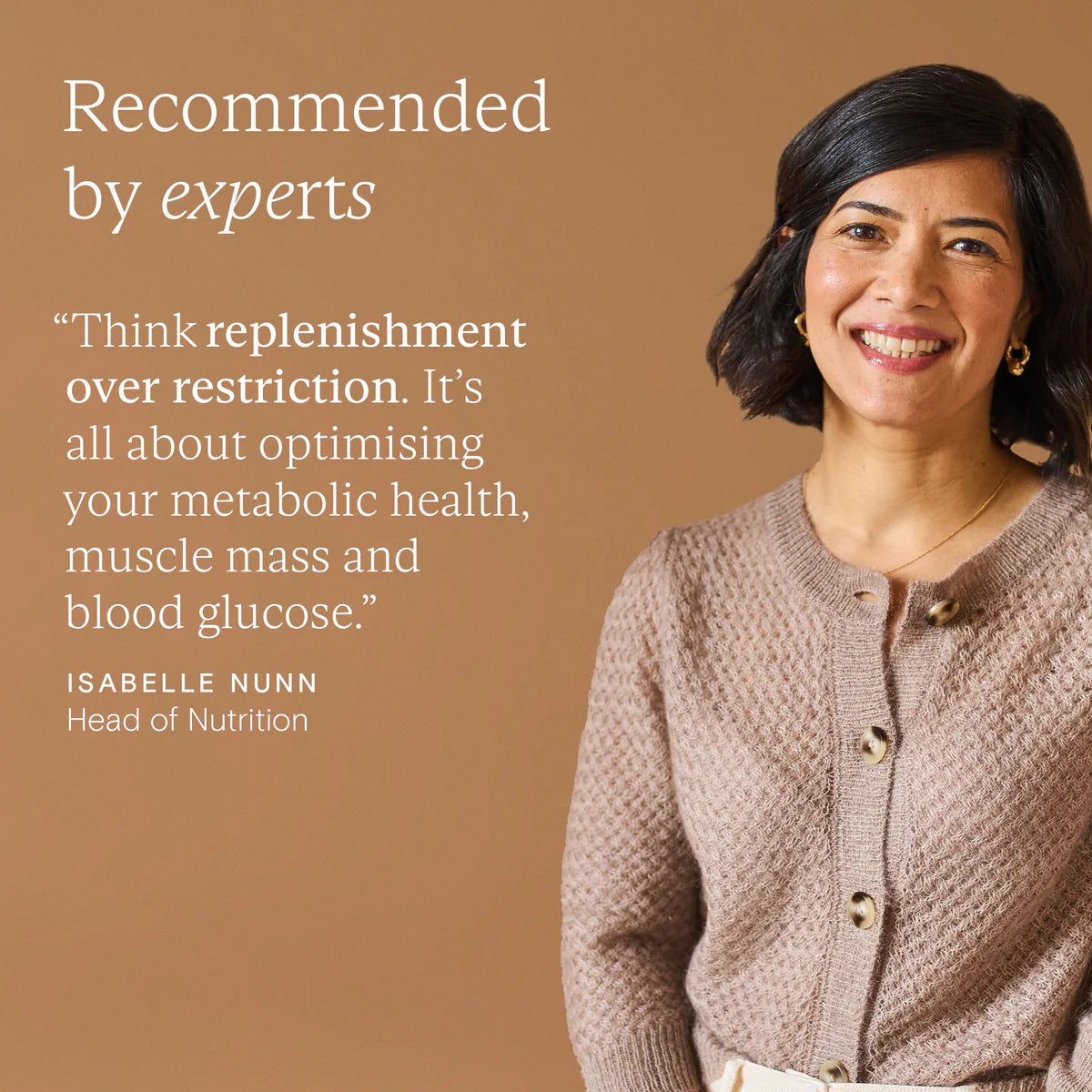 Woman in a brown sweater with text about metabolic health and nutrition on a brown background