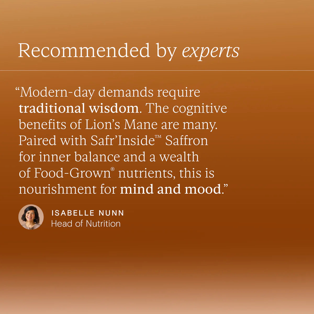 Text on an orange background with a quote about Lion's Mane and Saffron, attributed to Isabelle Nunn.