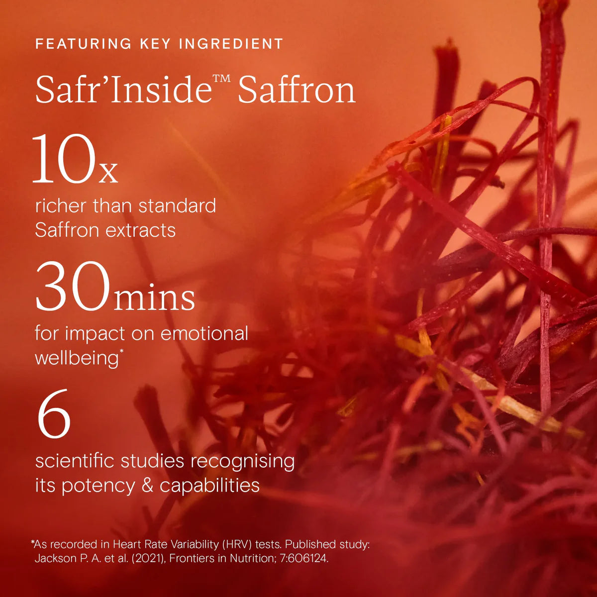 Advertisement for Safr'Inside Saffron with text about its properties on a red background.