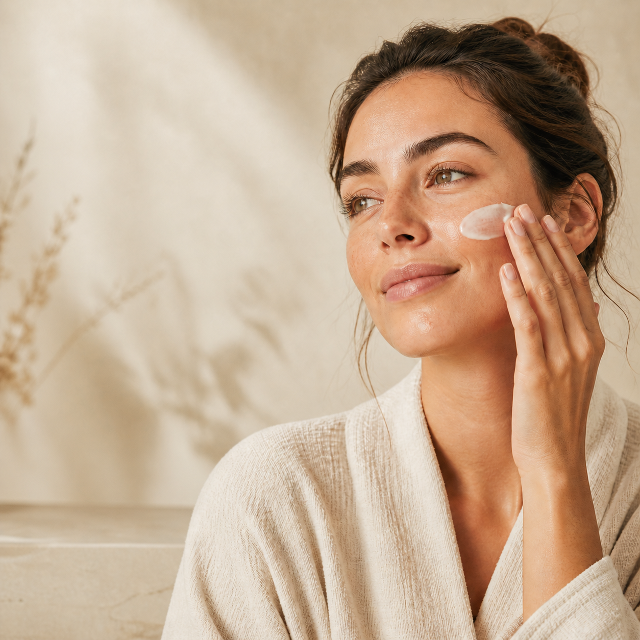 Woman applying cream to her face with a neutral background