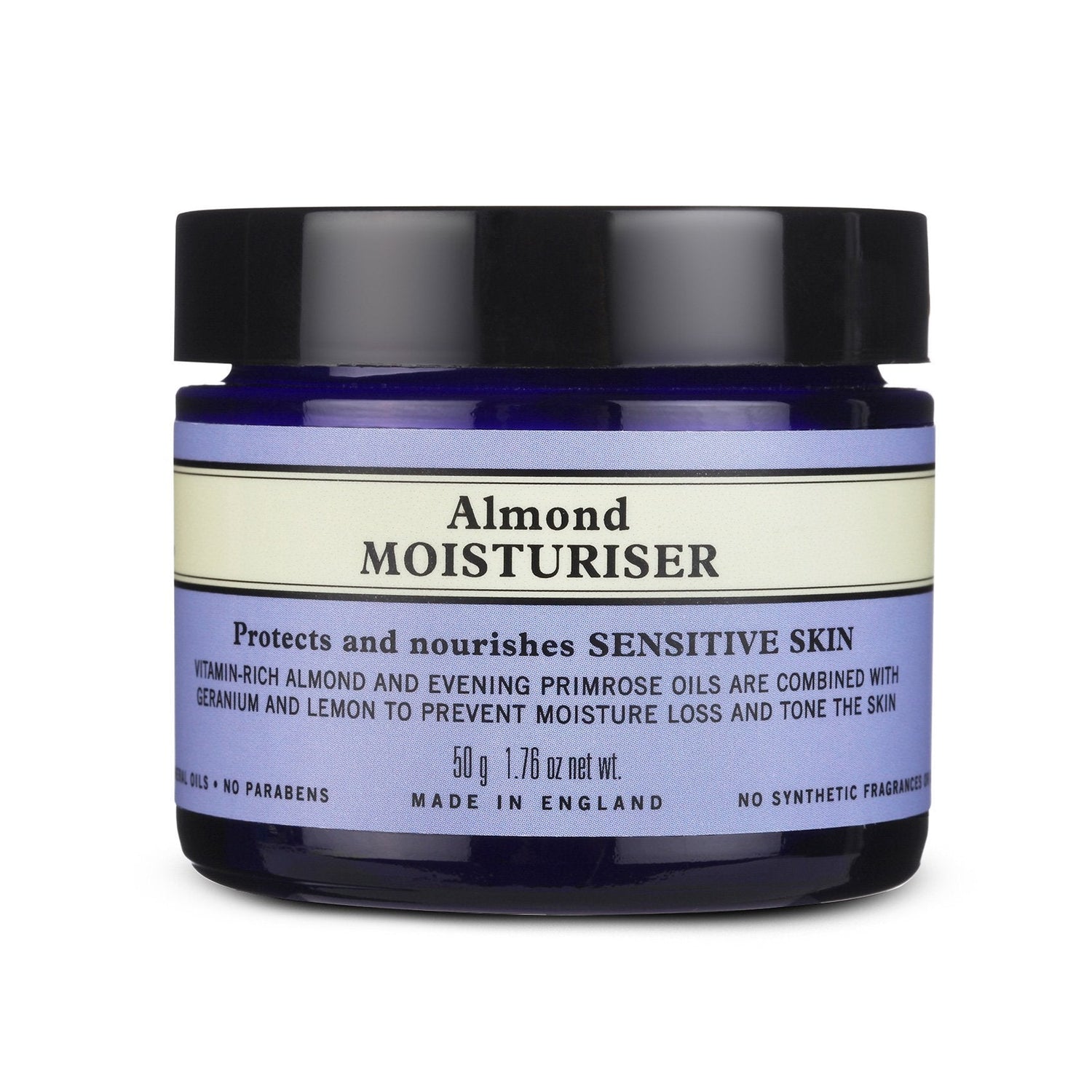 A jar of Almond Moisturiser by Neal's Yard Remedies, with a label that provides product details and branding.