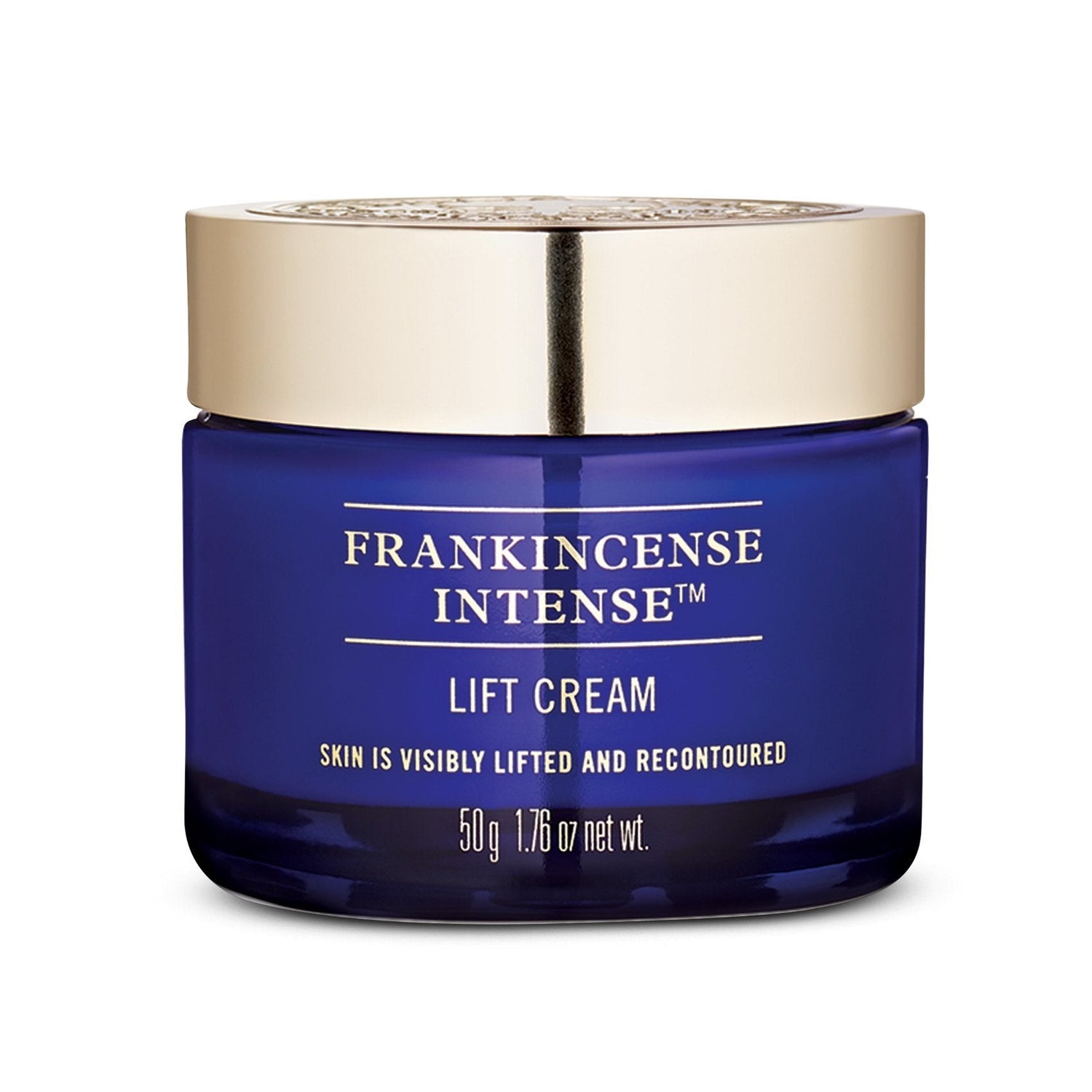 A jar of Frankincense Intense Lift Cream with a blue label and a gold lid, indicating that it is a skincare product designed to lift and recontour the skin.